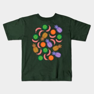 TROPICAL FRUITS WITH LOTSA DOTS in Earthy Brights on Dark Teal - UnBlink Studio by Jackie Tahara Kids T-Shirt